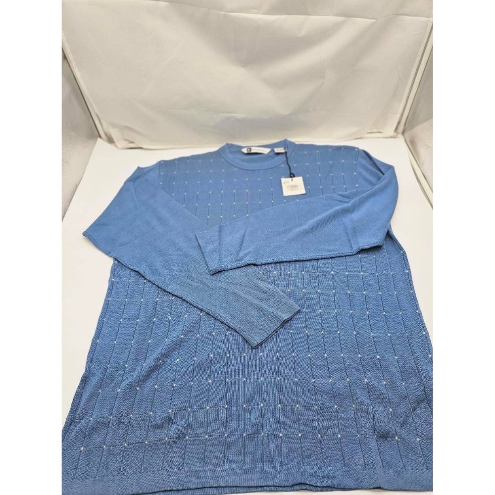 Bachrach Sweater Mens XL Blue NWT Silk Cotton Grid Knit Long Sleeve Crew Neck